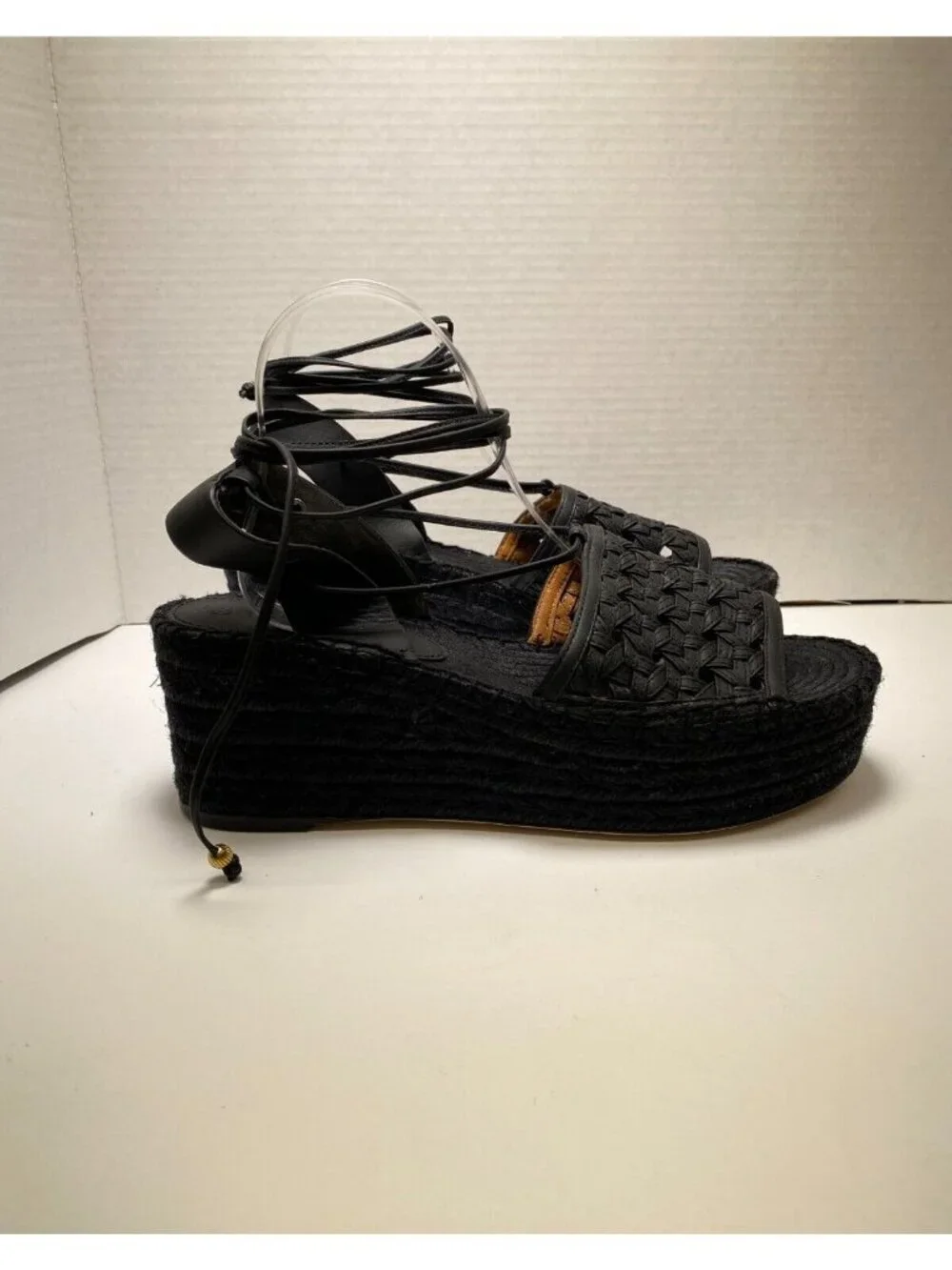 Tory Burch Women's Weave Strappy Lace up Black Espadrille Wedge Sz 11